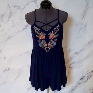 Xhilaration Navy Floral Embroidered Romper Sz L